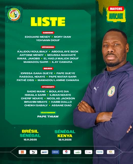 Liste Sénégal : Les 27 Lions de Pape Thiaw pour Brésil et Kenya (Novembre 2025) – score.sn