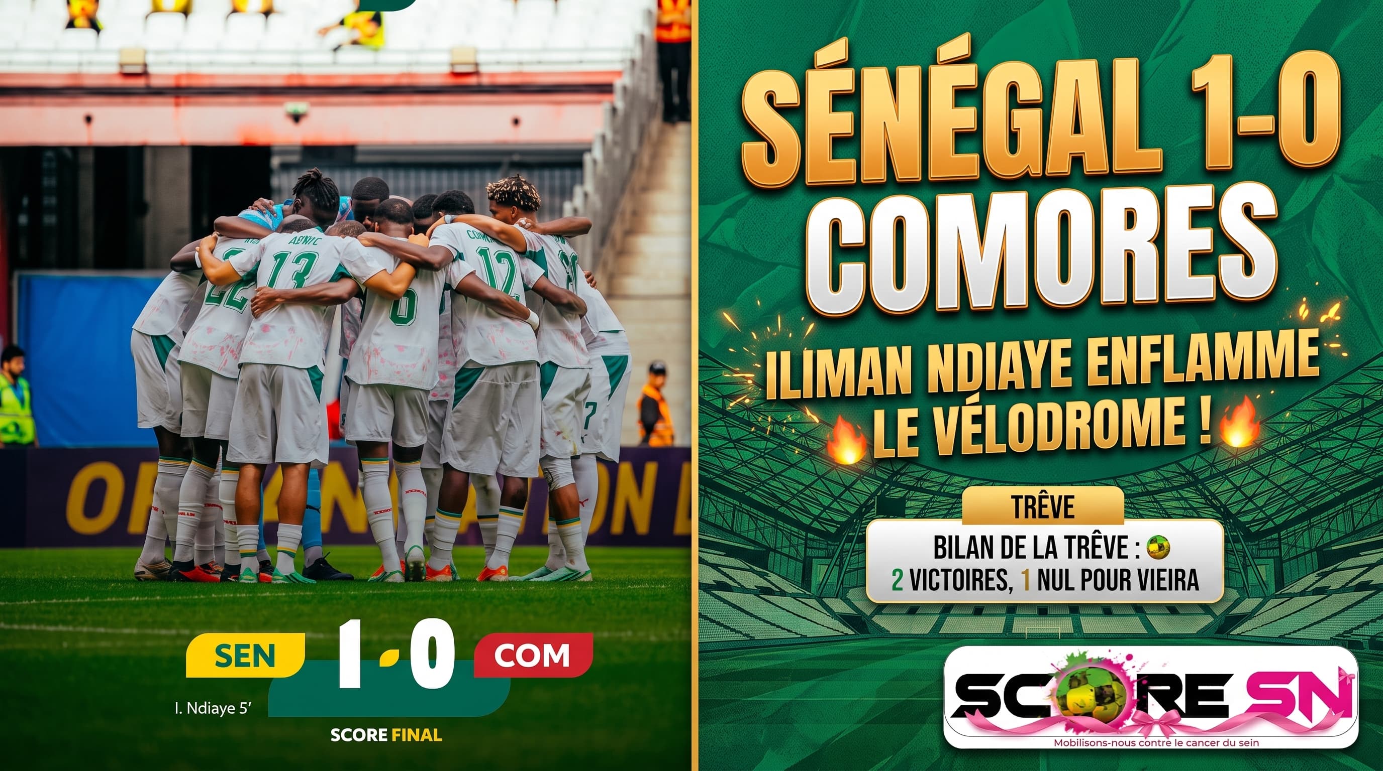 Illustration : Triomphe au Vélodrome : Iliman Ndiaye délivre les Lions face aux Comores (1-0), bilan positif pour Patrick Vieira