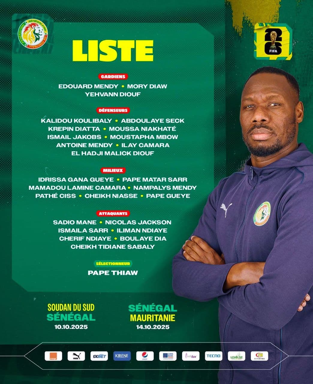 Image pour 📋 Liste des Lions du Sénégal pour les deux derniers matchs des éliminatoires de la Coupe du Monde 2026.