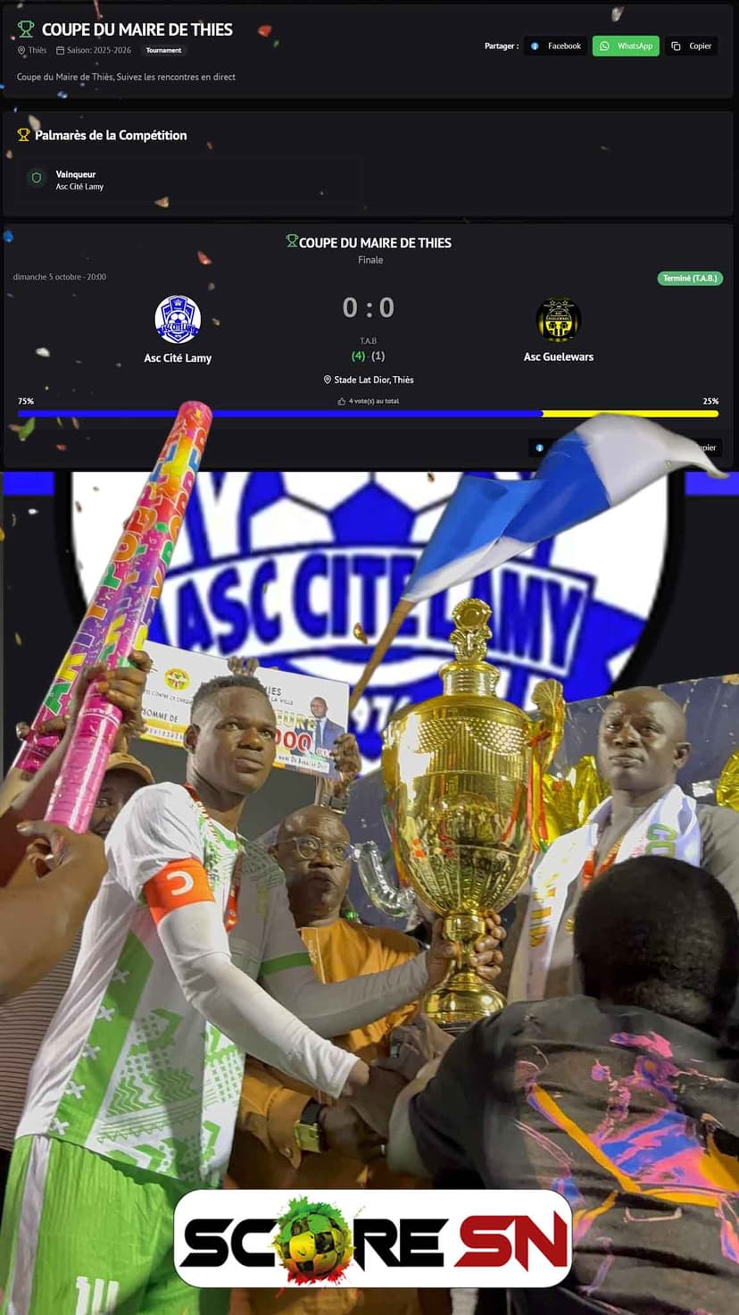 L’ASC Cité Lamy remporte la Coupe du Maire de Thiès 2025 après une victoire héroïque face à l’ASC Guelewars lors d’une finale disputée et indécise jusqu’aux tirs au but.