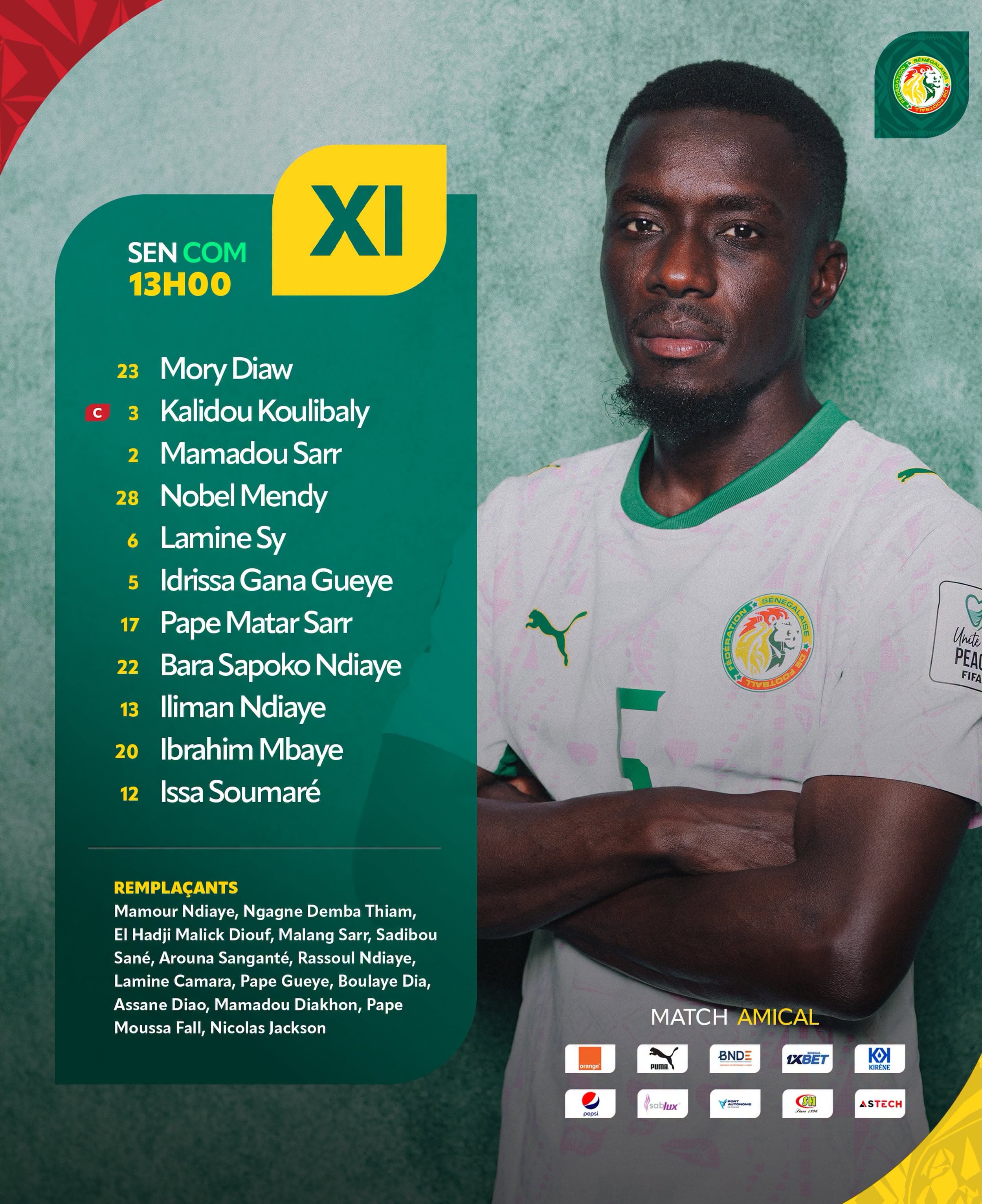 Sénégal vs Comores au Vélodrome : Énorme turnover de Vieira, Iliman Ndiaye, Koulibaly et Gana Guèye titulaires !