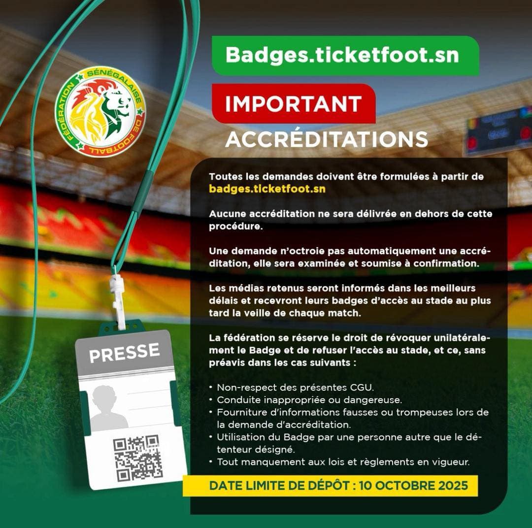 Illustration : Fédération Sénégalaise de Football: 📢 𝘼𝘾𝘾𝙍𝙀𝘿𝙄𝙏𝘼𝙏𝙄𝙊𝙉𝙎 𝙊𝙐𝙑𝙀𝙍𝙏𝙀𝙎